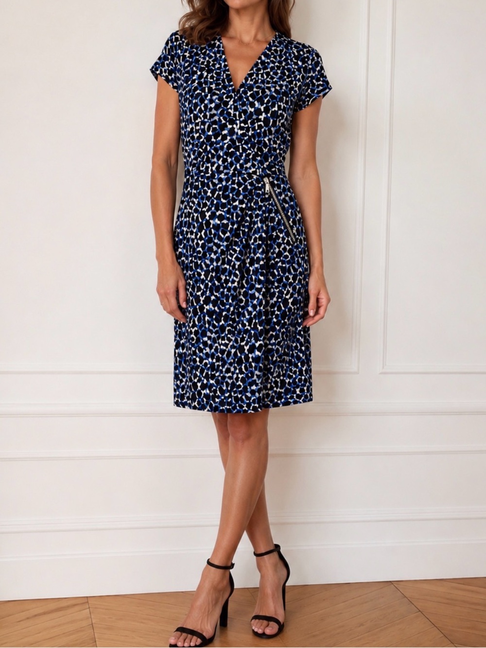 GERARD DAREL Silk Cotton Blue Geo Print Faux Wrap Zipper Jersey Dress 36 US 4 S